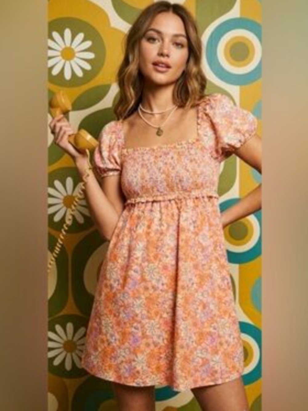 Aritzia Orange and Pink Floral Smocked Babydoll Mini Dress